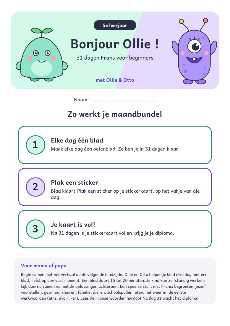 Voorbeeldblad Bonjour Ollie! (Frans)